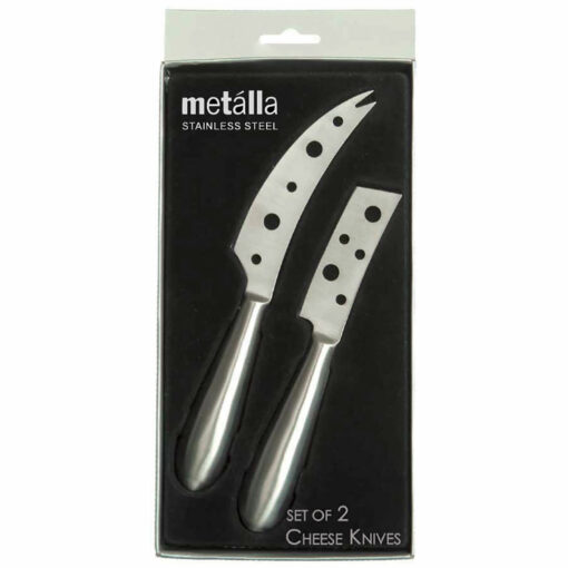 SET OF 2 STAINLESS STEEL OPEN BLADE CHEESE KNIVES in packaging