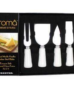 White ceramic handle cheese knife set in packaging
