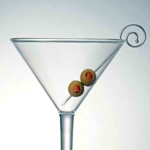 Spiral Stainless Steel Martini Pick in a martini glass with olives
