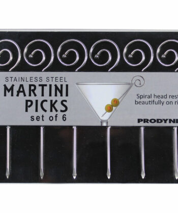Spiral Stainless Steel Martini Picks in packaging