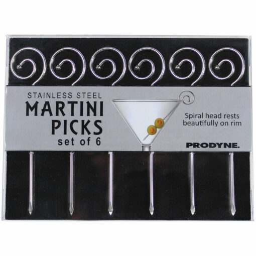 Spiral Stainless Steel Martini Picks in packaging